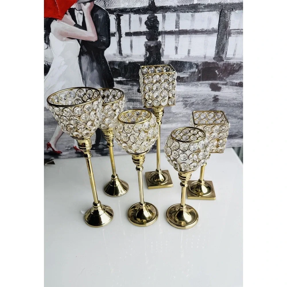 Crystal With Brass Candle Holder Metal Gold, 6 pcs